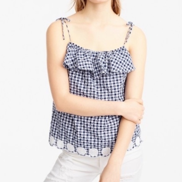 J. Crew Tops - J Crew Blue White Gingham Plaid Ruffle Eyelet Tie Shoulder Top Blouse Size 12
